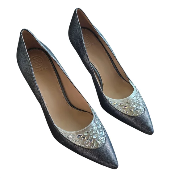 Tory Burch Delphine Pewter & Jewel Embellished Crystal Pump Heels Size 10 - Picture 8 of 11